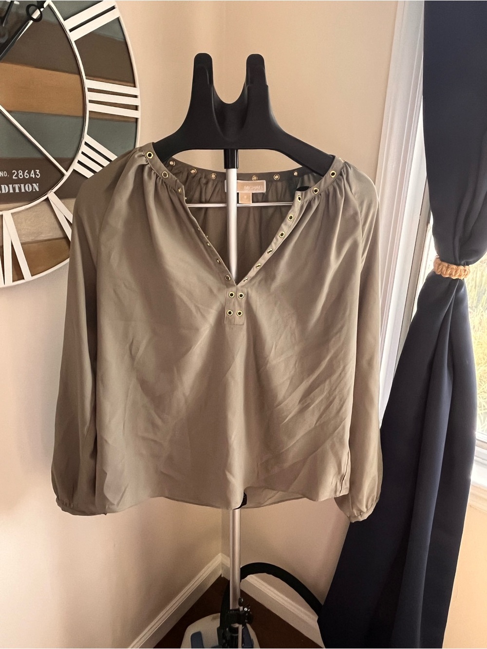Michael Kors Olive Green Eyelet-Trim Henley Blouse